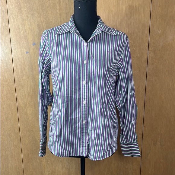 Vintage Ralph Lauren Petite Green and Purple Striped Button Up - Picture 2 of 6